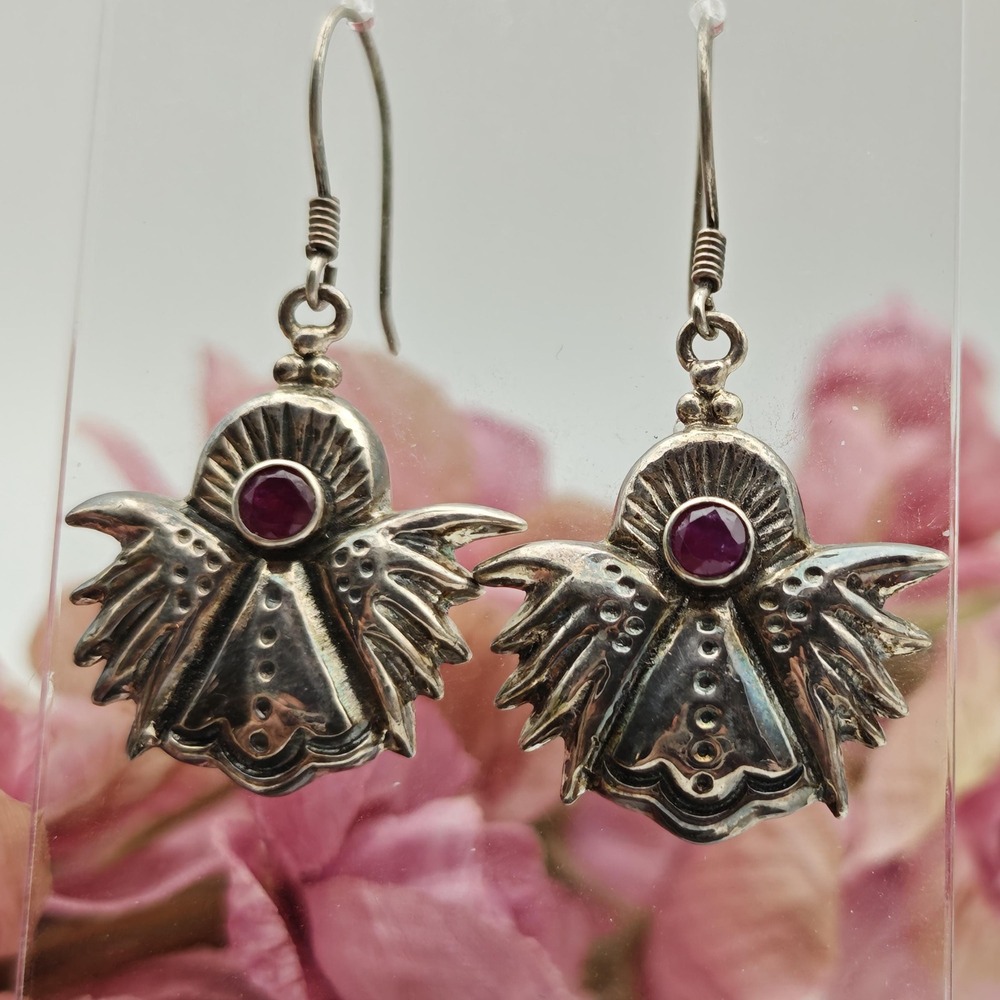 Ruby & Sterling Silver Artisanal Handmade Gothic-Celestial Style Drop Earrings